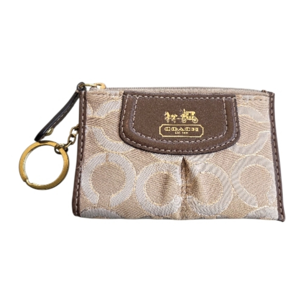 Coach Signature Madison Brown, Tan Gold Lurex Card Case Keychain Small Wallet
